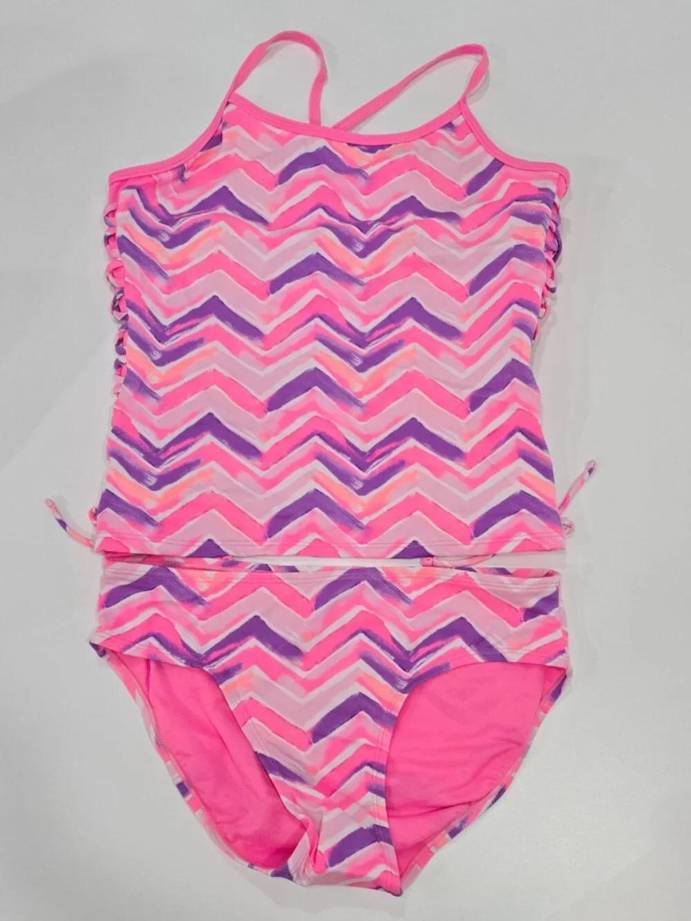 Justice ✦ Girls Tankini Top Bikini Bottom Set ✦ Pink Purple Chevron Size 20